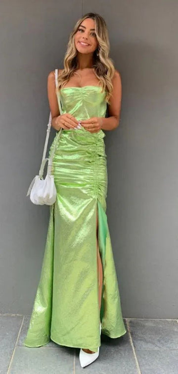 Strap Sleeveless Mermaid Satin Evening Green Prom Dresses SD1571